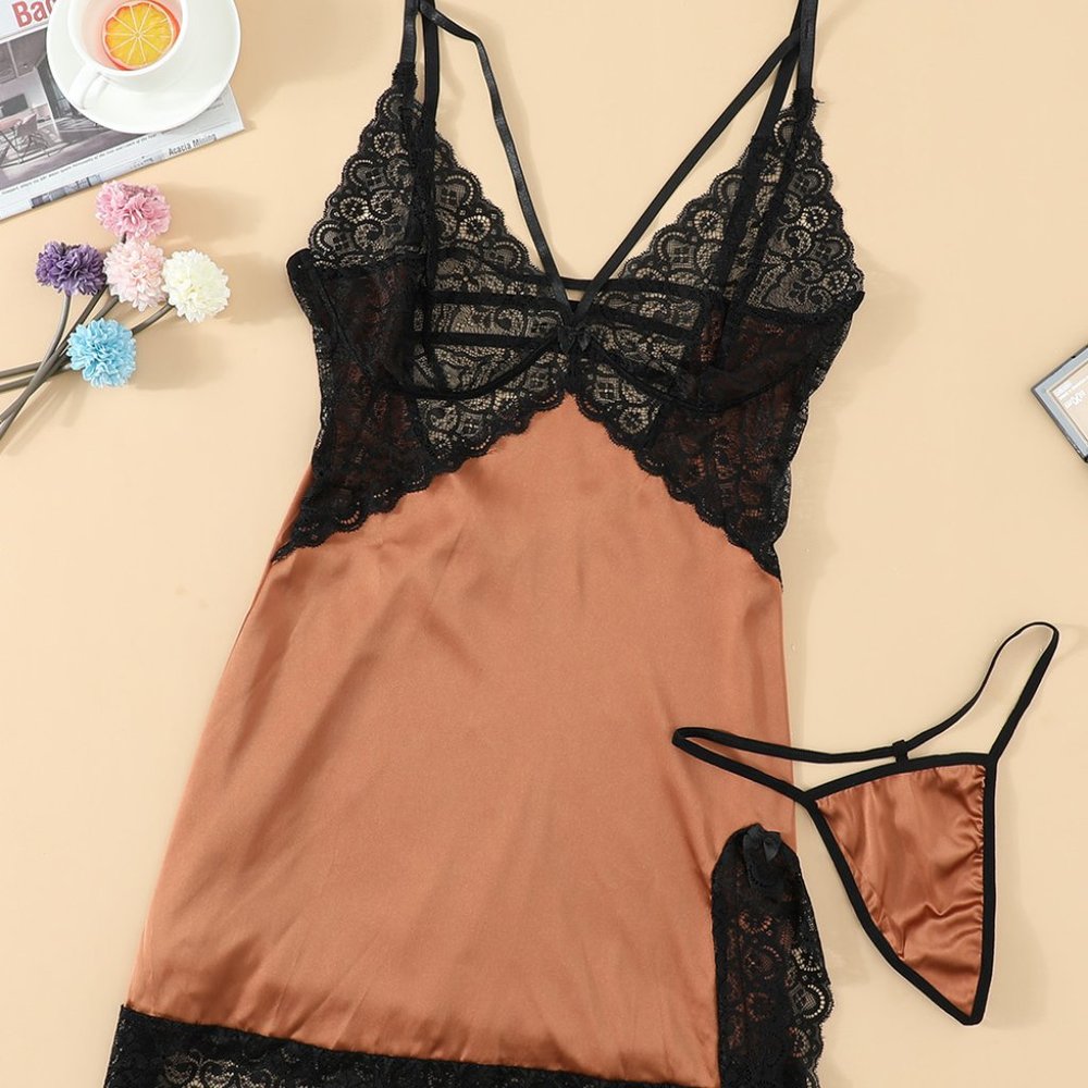 Gold Lace Spice Satin Babydoll with Slit and thong - Picture 7 of 9